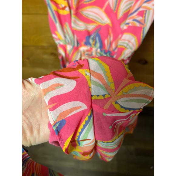 Flying Tomato‎ Pink Tropical Floral Wrap Romper Short Sleeve Tie Waist Cottage - Picture 6 of 10